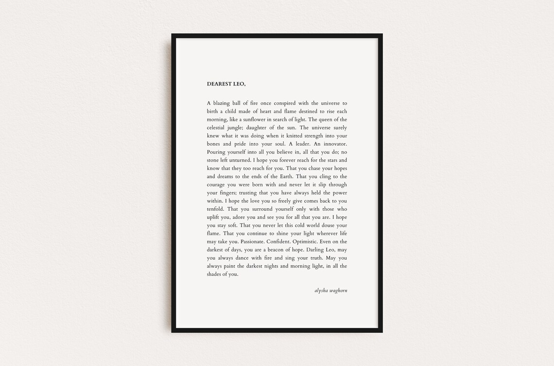 Dearest Leo Star Sign Letter Minimalist Typography Gift Wall Art