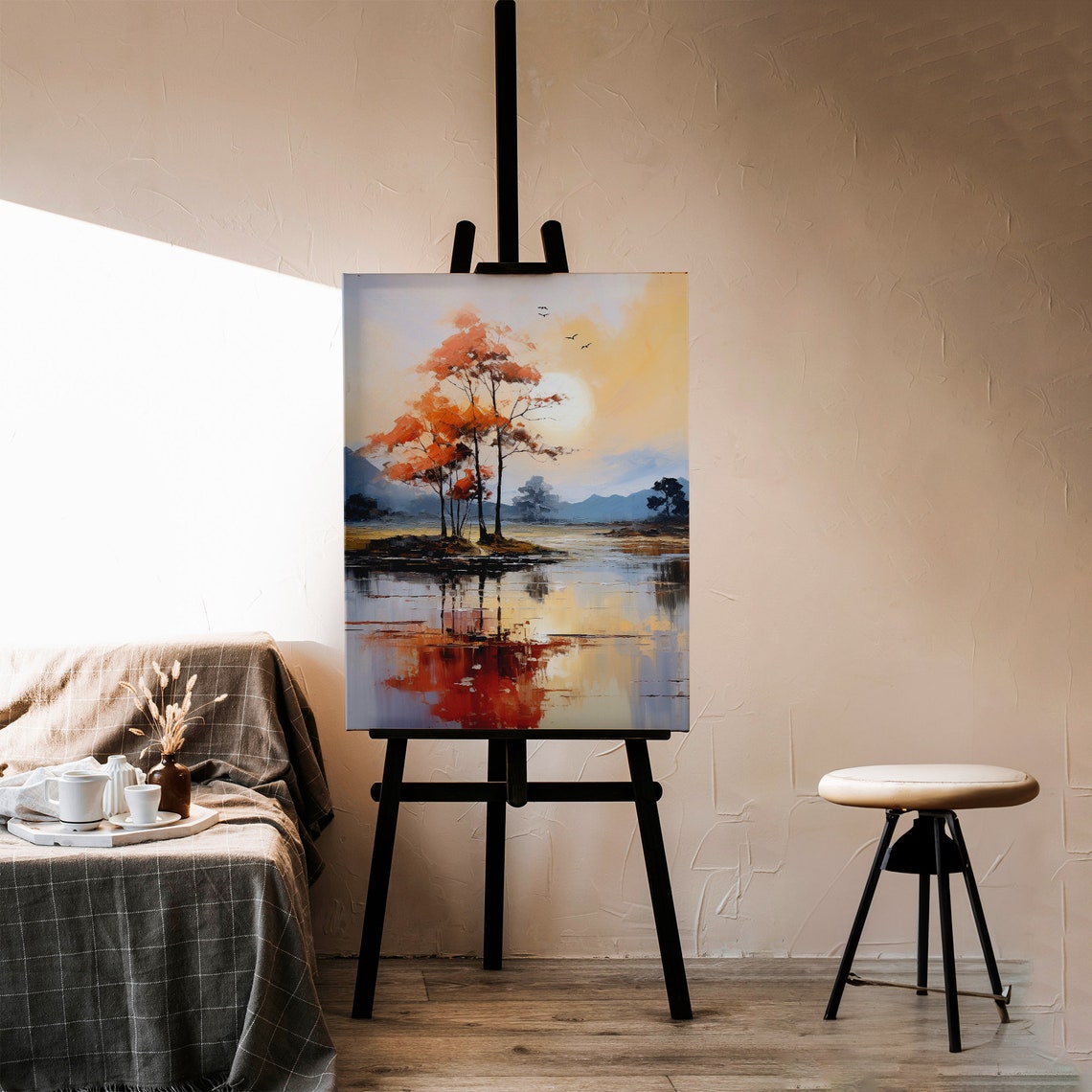 Autumn Trees Reflecting On Lake Serene Landscape Painting Poster - Image 3