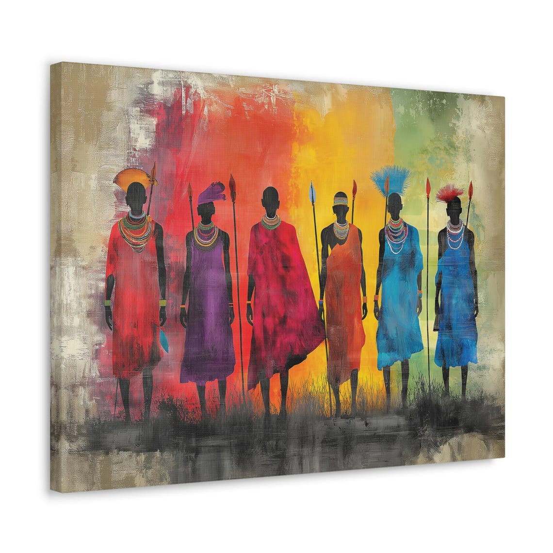 Colorful African Warriors Silhouette Red Blue Robes Sunset Wall Art - Image 2