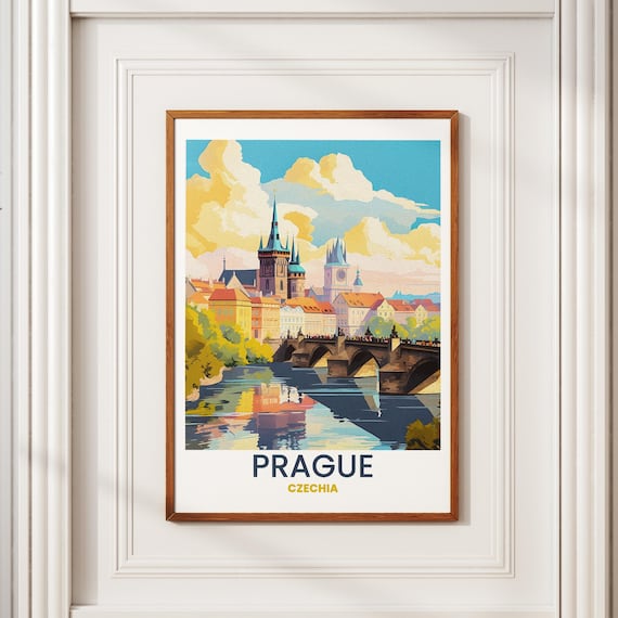 Prague Czechia Charles Bridge Old Town Square Vintage Travel Poster