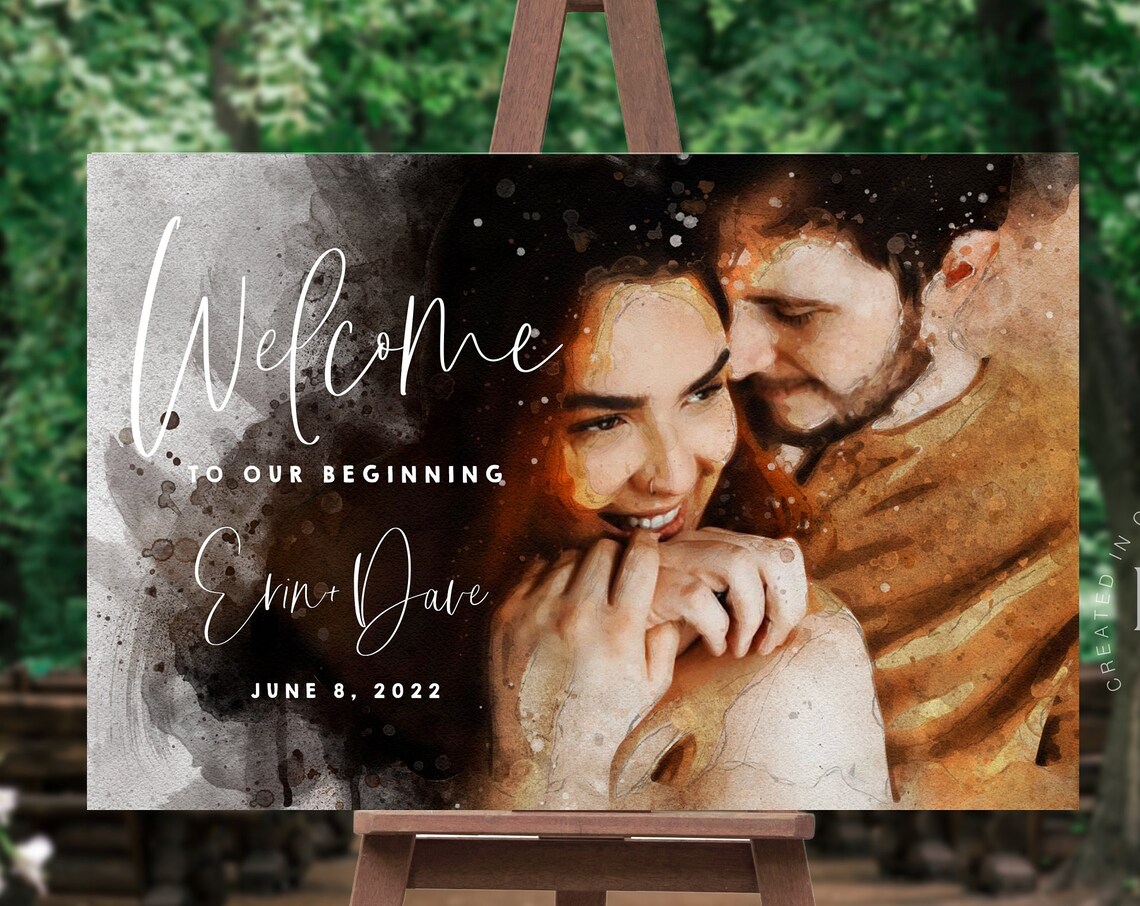 Wedding Welcome Sign, Watercolor Couple Portrait Art Print - Image 2