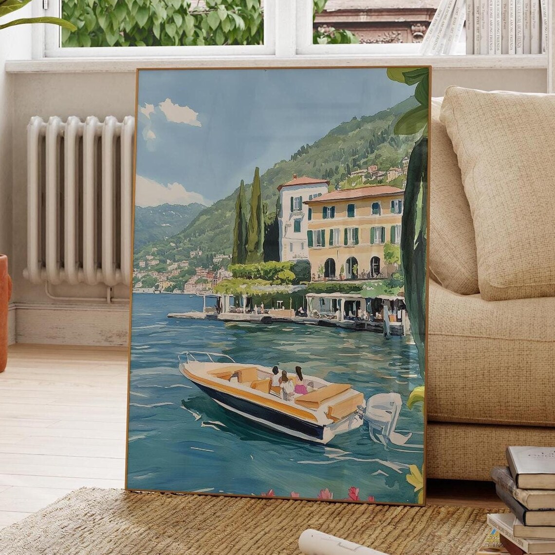Lake Como Italy Motorboat Villa Lakeside Garden Watercolor Poster