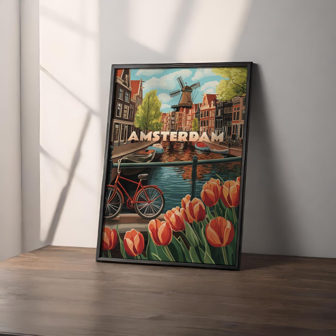 Amsterdam Netherlands Canal Windmill Bicycle Tulips Travel Poster - Image 2