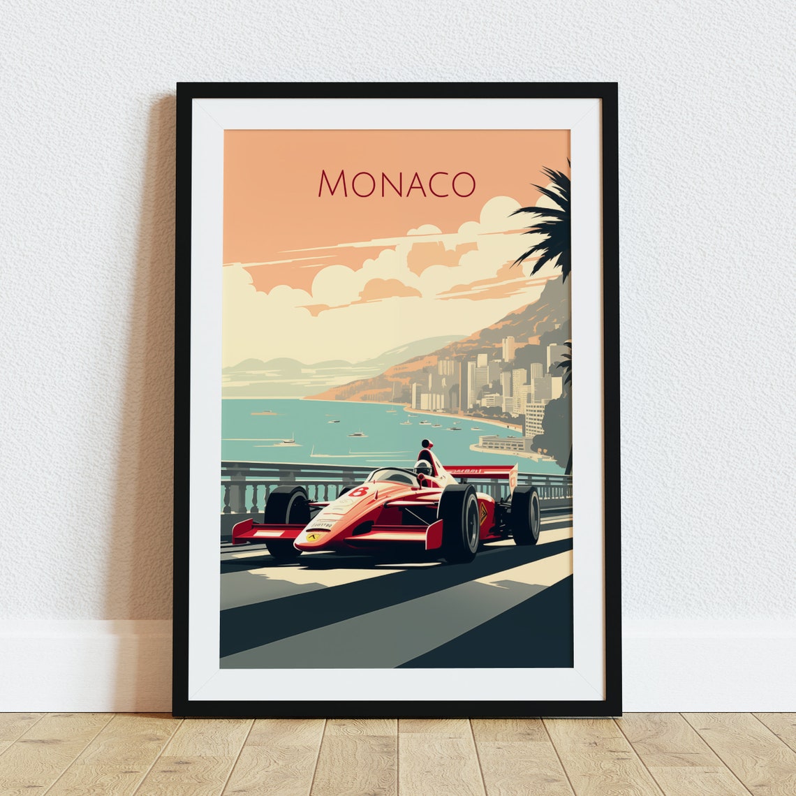 Monaco Grand Prix Formula 1 Red Race Car Vintage Travel Poster