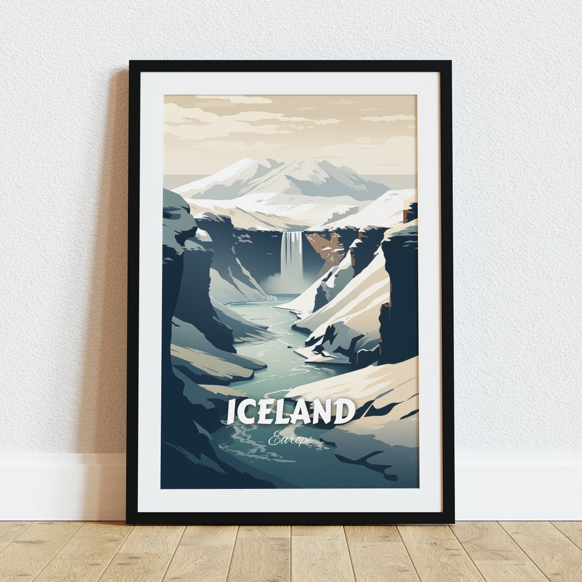 Iceland Snowy Waterfall Canyon Winter Landscape Travel Poster