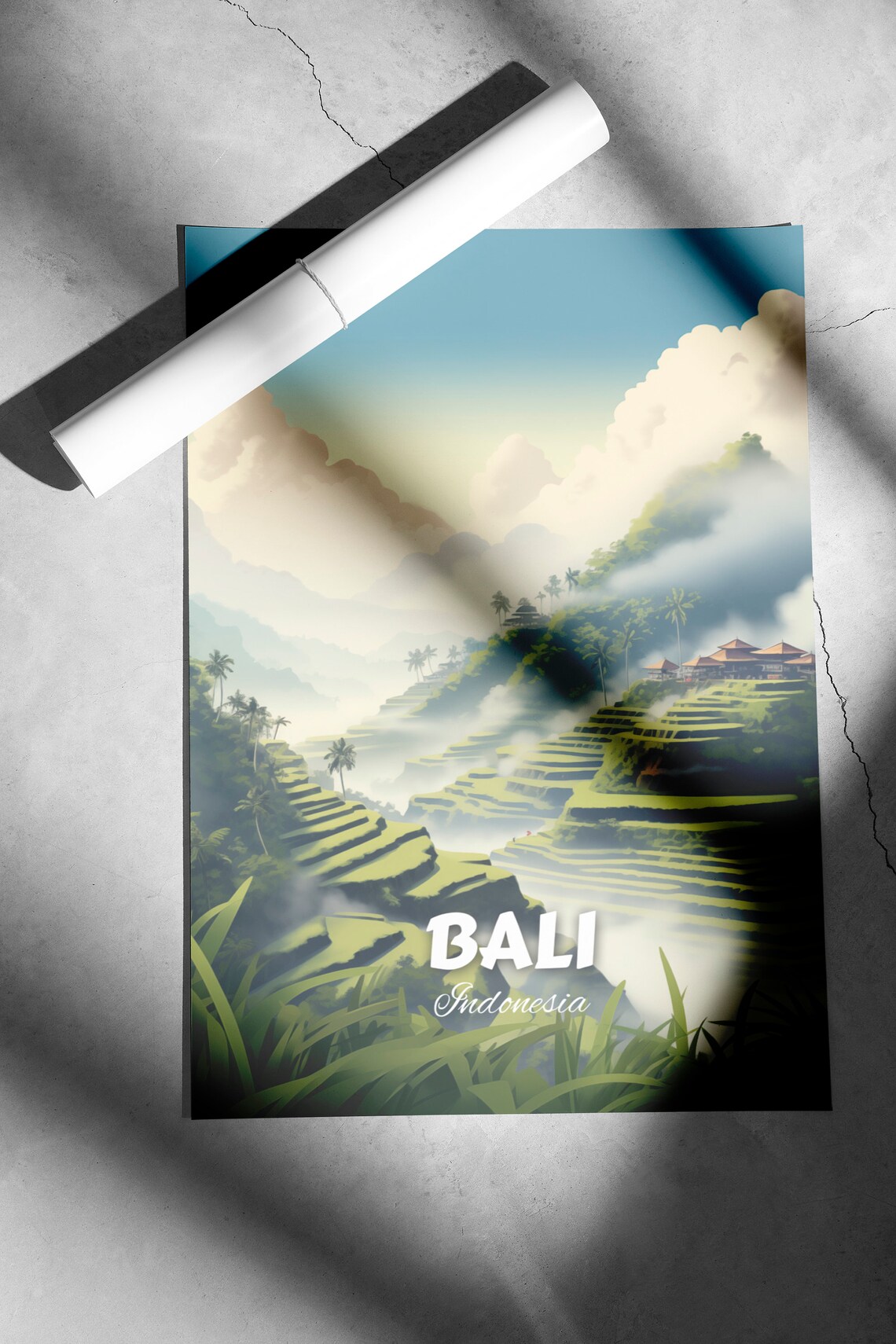 Bali Indonesia Rice Terraces Misty Green Hillside Travel Poster - Image 2