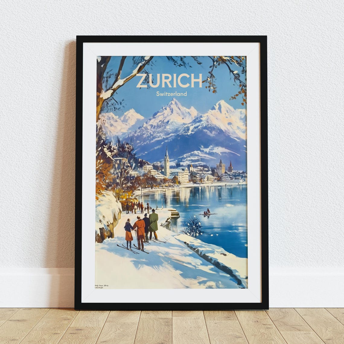 Zurich Switzerland Vintage Ski Scene Lakeside Peaks Travel Poster
