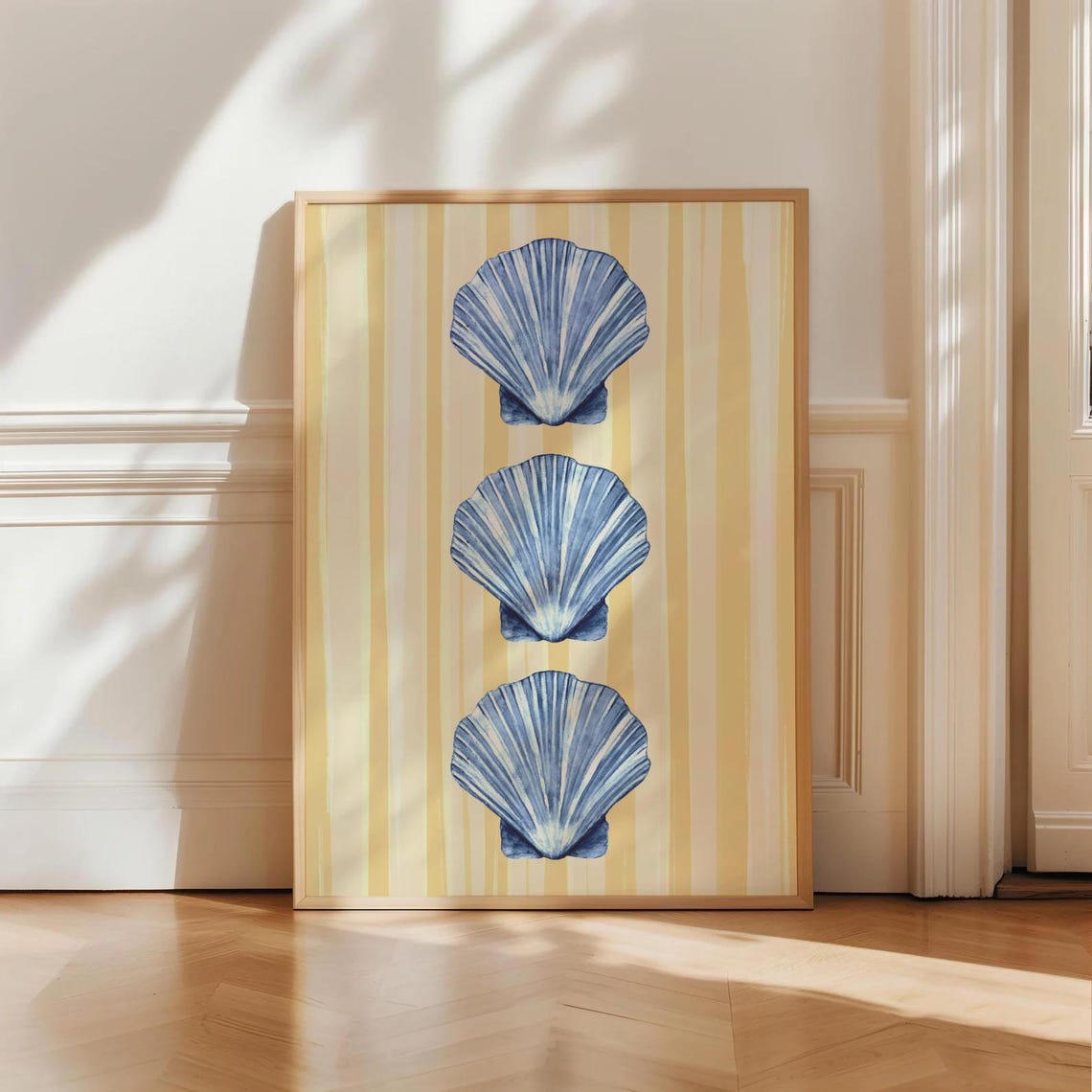 Blue Scallop Shells Yellow Stripe Coastal Beach Decor Art Poster