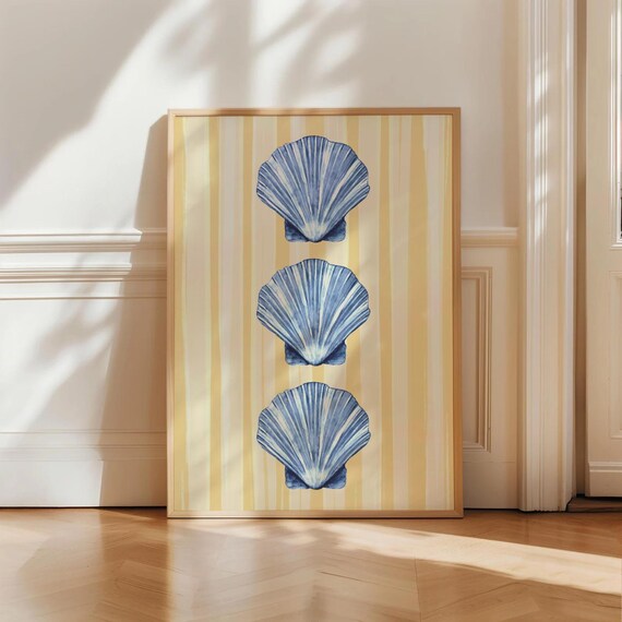 Blue Scallop Shells Yellow Stripe Coastal Beach Decor Art Poster