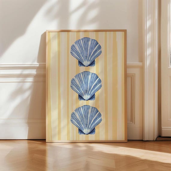 Yellow And Blue Coastal Wall Art Seashell Striped Print Cute Beach Dorm Room Decor Pastel Trendy Colorful