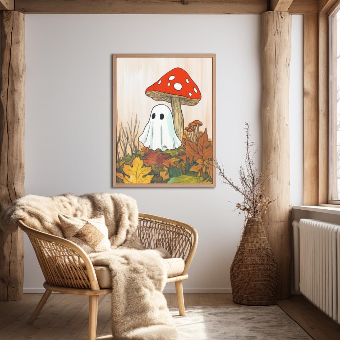 Cute Fall Ghost Sitting Beside Red Mushroom in Autumn Leaves Poster - Image 6