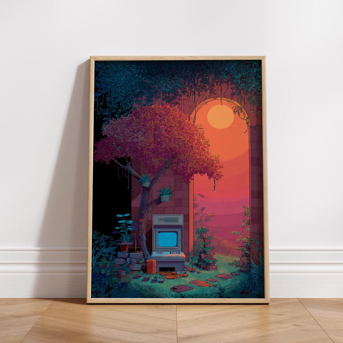 Retro Arcade Sunset Poster 8-Bit Abandoned Ruins Pixel Art Scene