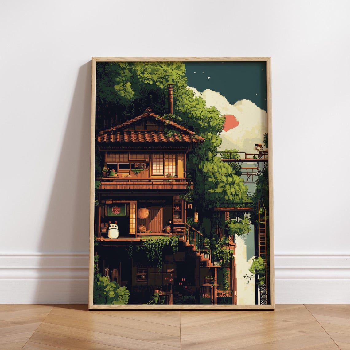Cozy 8 Bit Japanese Cottage Glowing Windows Starry Night Poster