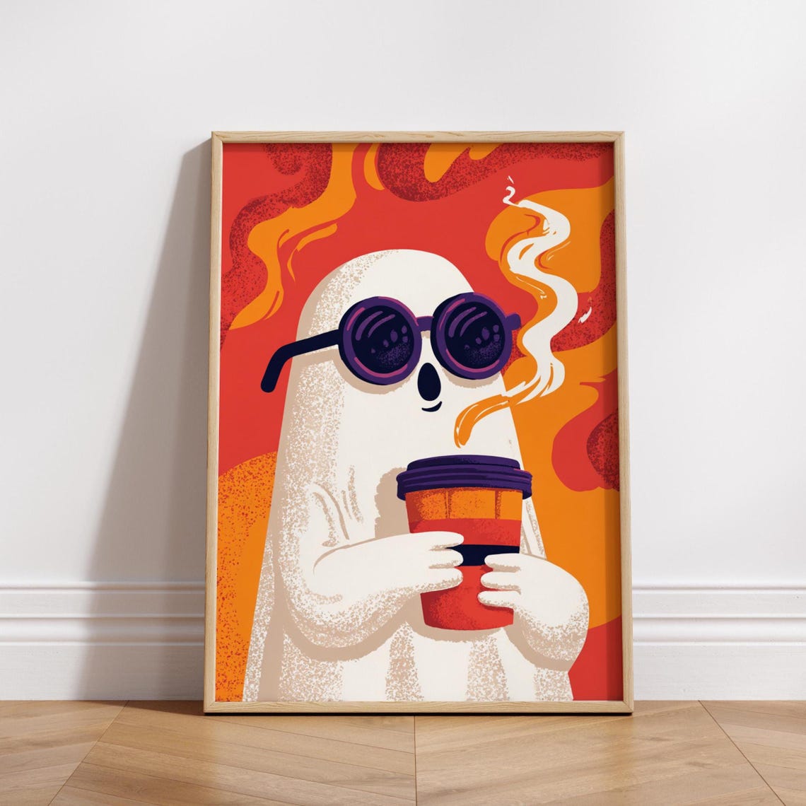 Funny Coffee Poster Cute Halloween Wall Art Spooky With Sunglasses Print Cozy Autumn Lover Decor