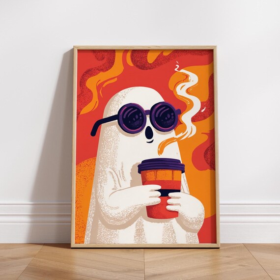 Funny Coffee Poster Cute Halloween Wall Art Spooky With Sunglasses Print Cozy Autumn Lover Decor