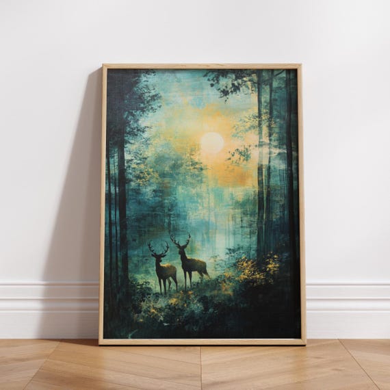 Deer In Colorful Forest Poster Wildlife Woodlands Wall Art Landscape Nature Print Animal Home Decor
