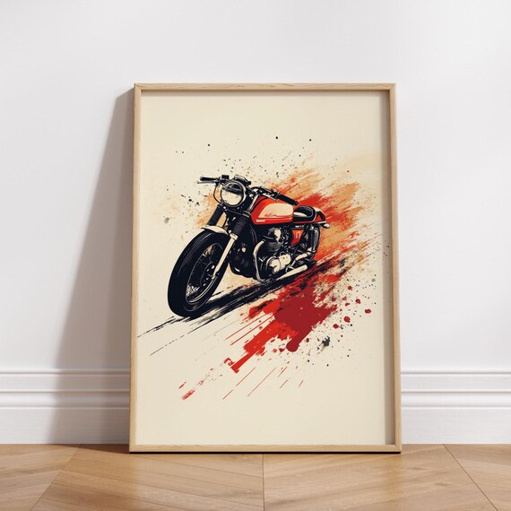 Red Cafe Racer Motorcycle Art Print Retro Bike Poster Grunge Wall Decor Bold Biker Artwork Garage Or Man Cave Gift For Him