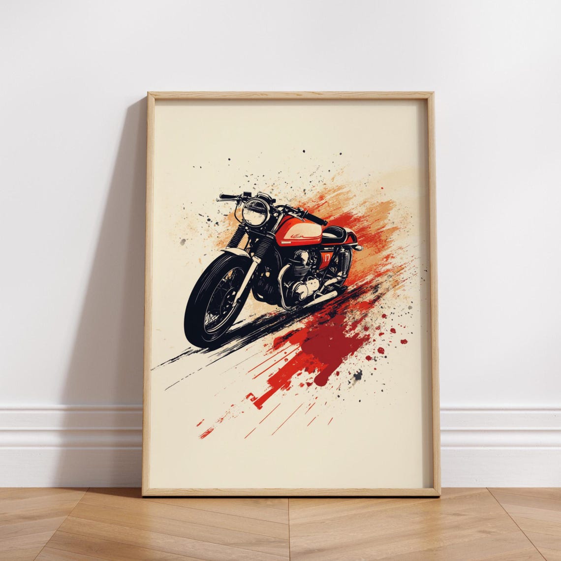 Red Cafe Racer Motorcycle Art Print Retro Bike Poster Grunge Wall Decor Bold Biker Artwork Garage Or Man Cave Gift For Him