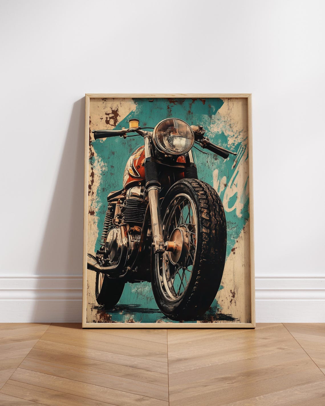 Vintage Motorcycle Front View Retro Teal Distressed Garage Art Poster