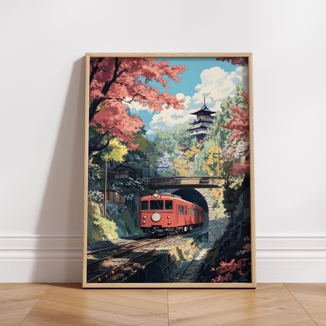 Red Train Emerging from Tunnel Cherry Blossom Anime Landscape Poster