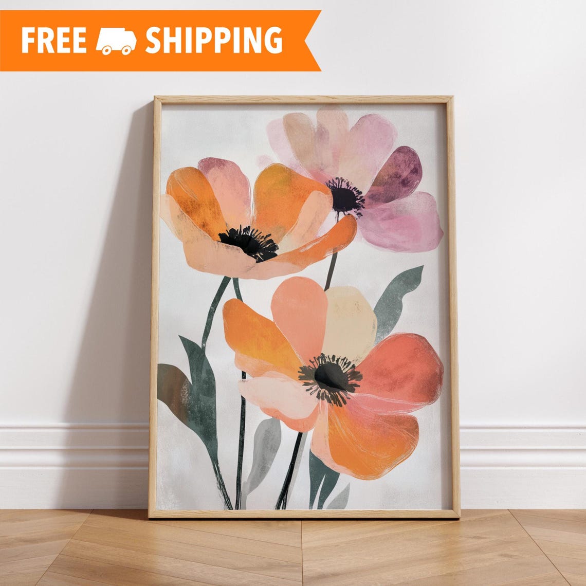 Watercolor Poppy Blossoms Warm Orange Pink Modern Botanical Wall Art