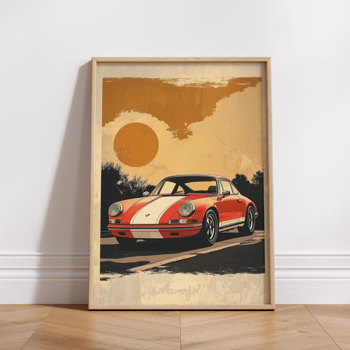 Classic Porsche 911 Retro Sunset Road Vintage Sports Car Poster