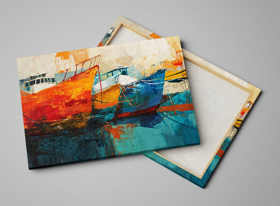 Abstract Colorful Harbor Boats Docked Orange Blue Hulls Wall Art - Image 4