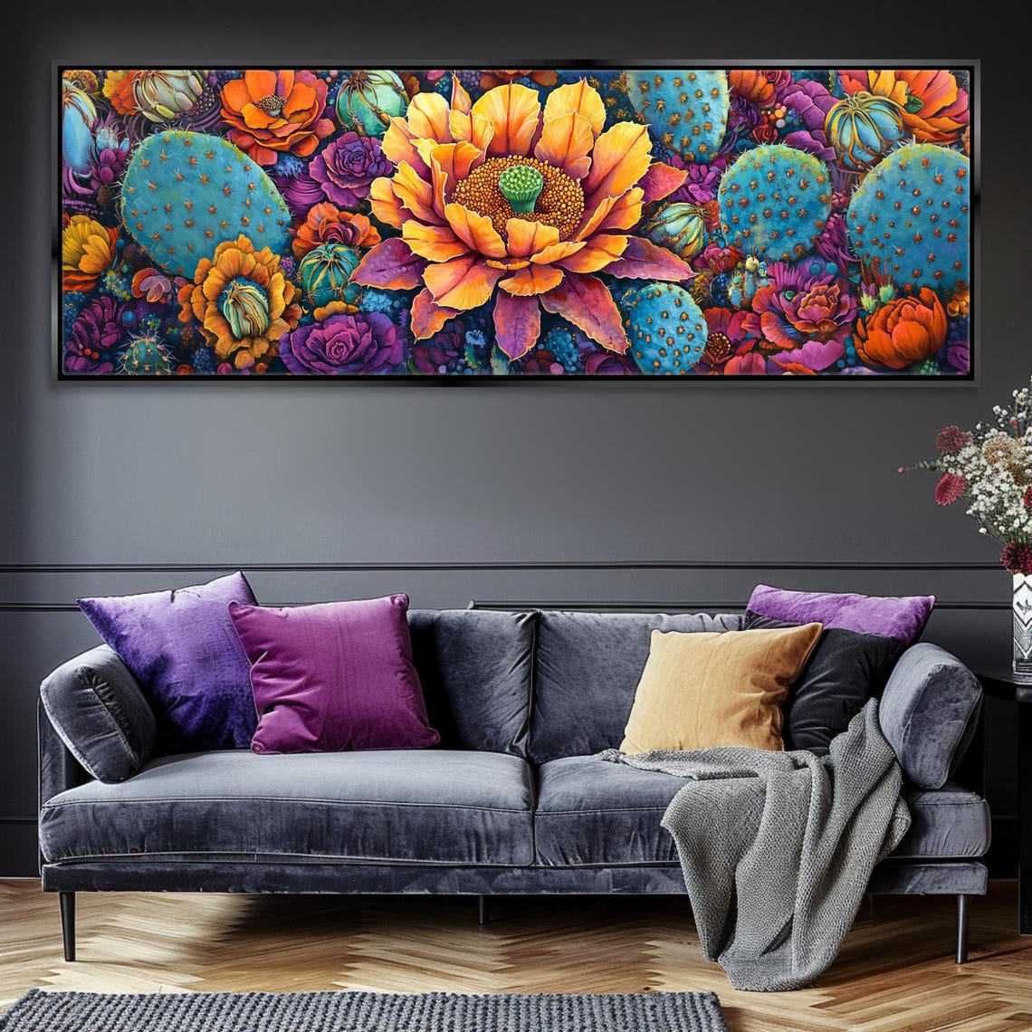 Desert Cactus Bloom Panoramic Vibrant Orange Purple Flowers Wall Art - Image 3