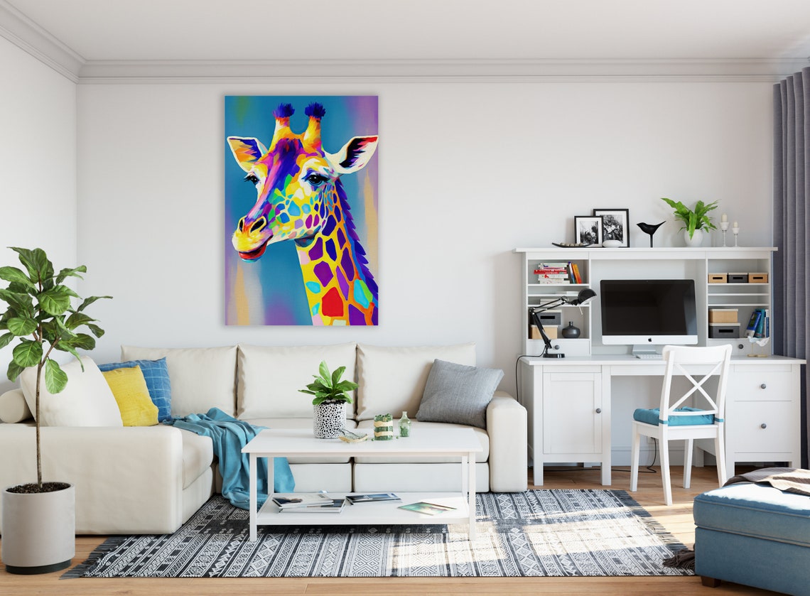 Colorful Giraffe Portrait Pop Art Multicolor Blue Background Wall Art - Image 2