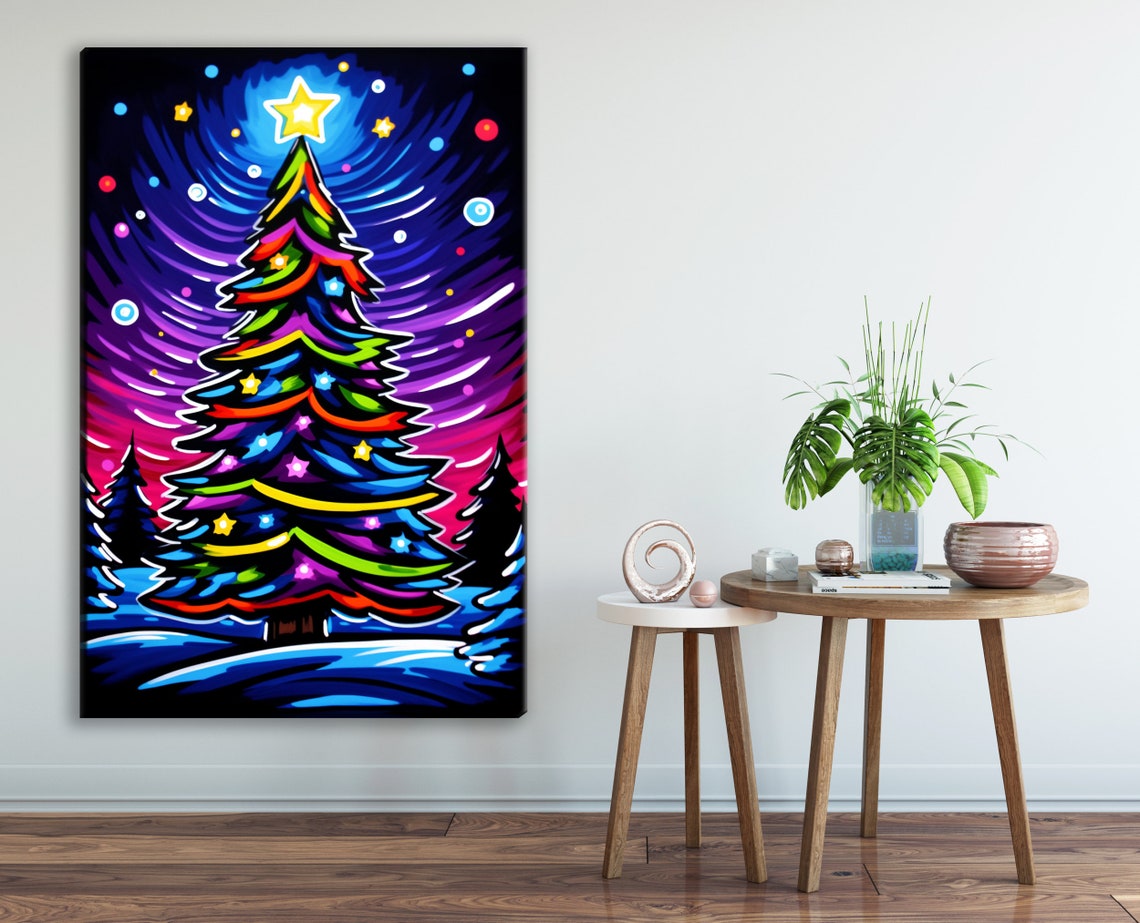 Neon Pop Art Christmas Tree Rainbow Star Swirling Night Sky Art Poster - Image 2