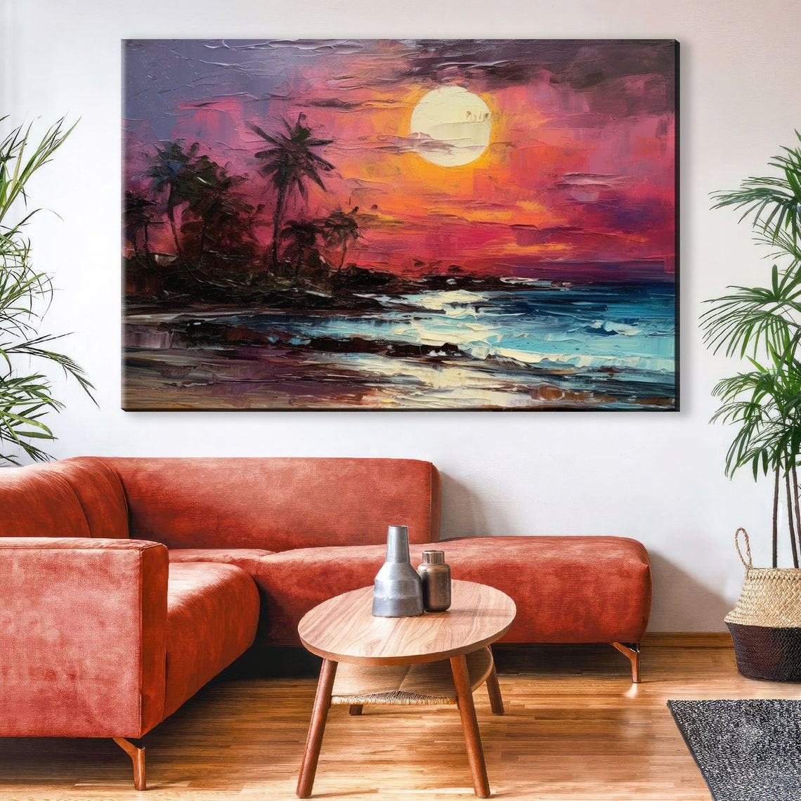 Tropical Moonlit Beach Palm Trees Pink Sunset Ocean Waves Poster - Image 3