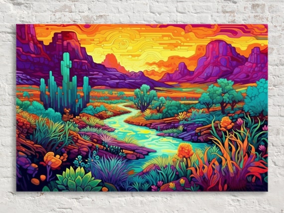 Neon Desert Arizona New Mexico Utah Texas Phad Art Style Landscape Painting Print Large