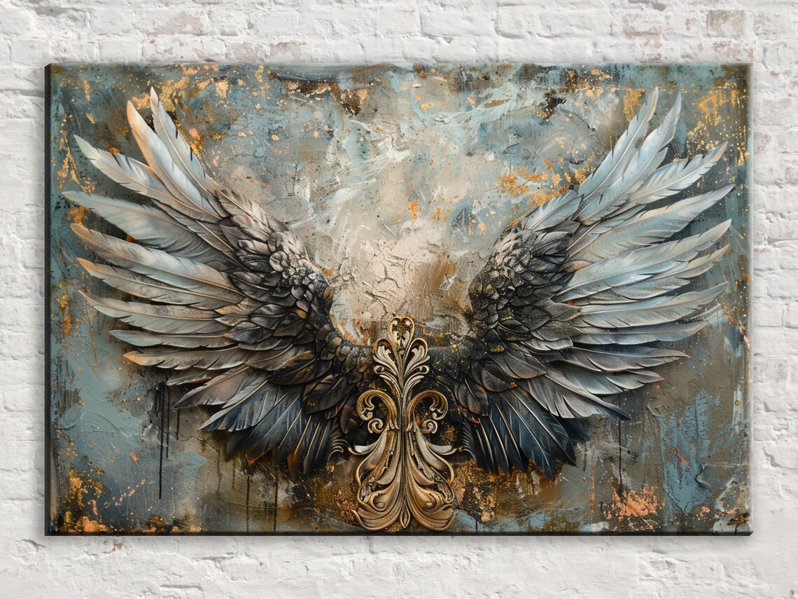 Gold and Blue Angel Wings, Ornate Feathers Art Print