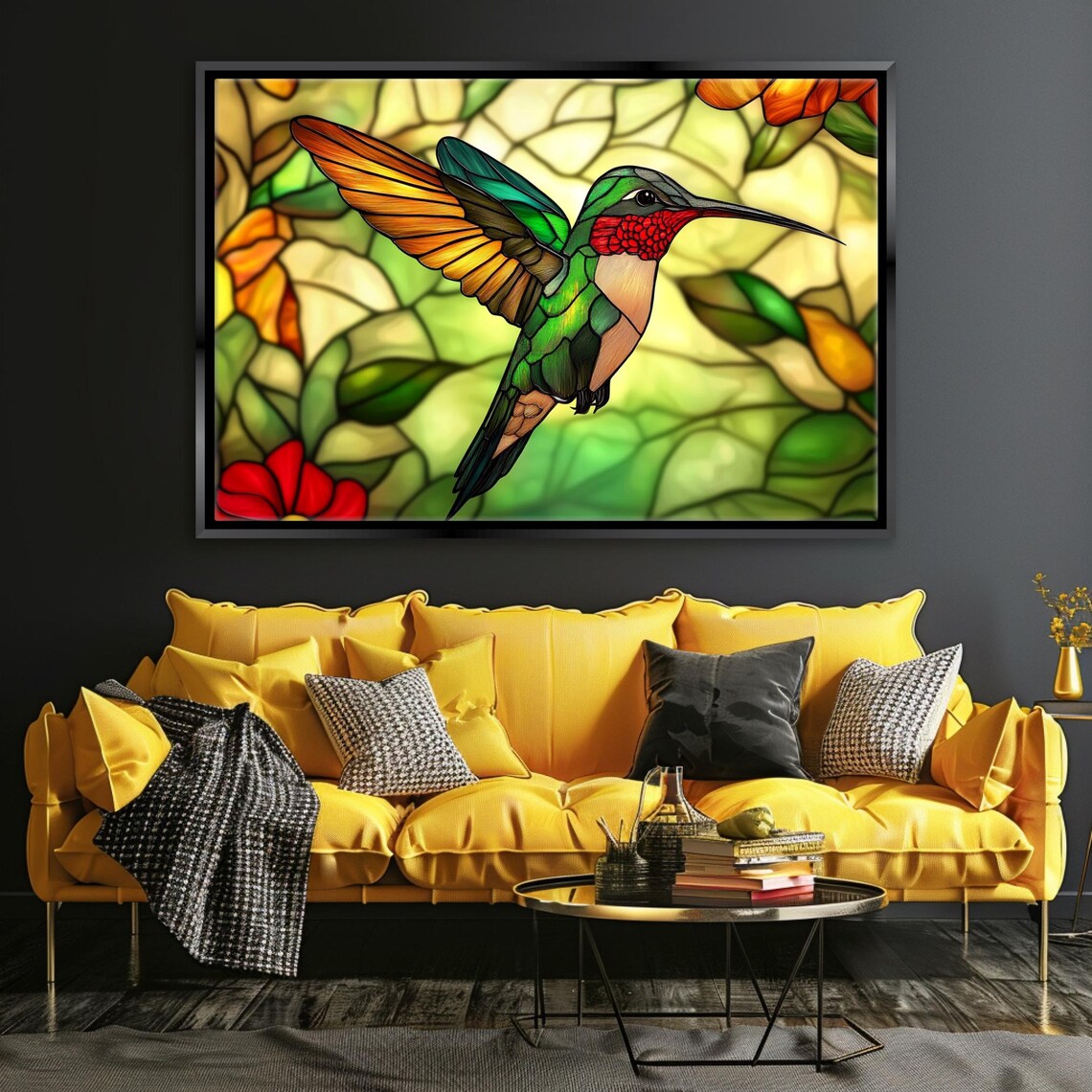 Stained Glass Style Hummingbird Flying Amber Glow Background Bird Art - Image 5