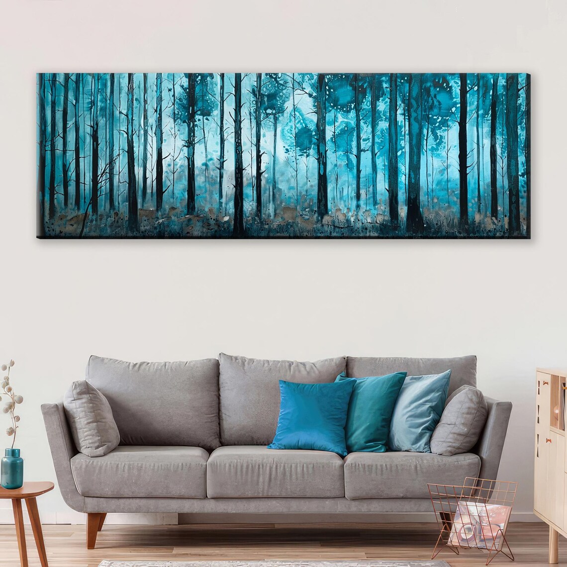 Panoramic Blue Watercolor Forest Print Framed Unframed Long Horizontal Gallery Wrapped Gicle Ready To Hang Extra Large Wall Art - Image 4