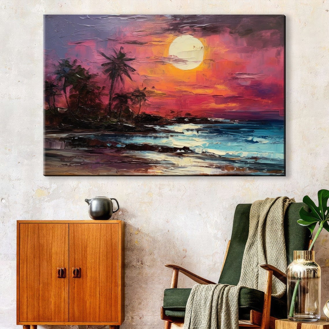 Tropical Moonlit Beach Palm Trees Pink Sunset Ocean Waves Poster - Image 2