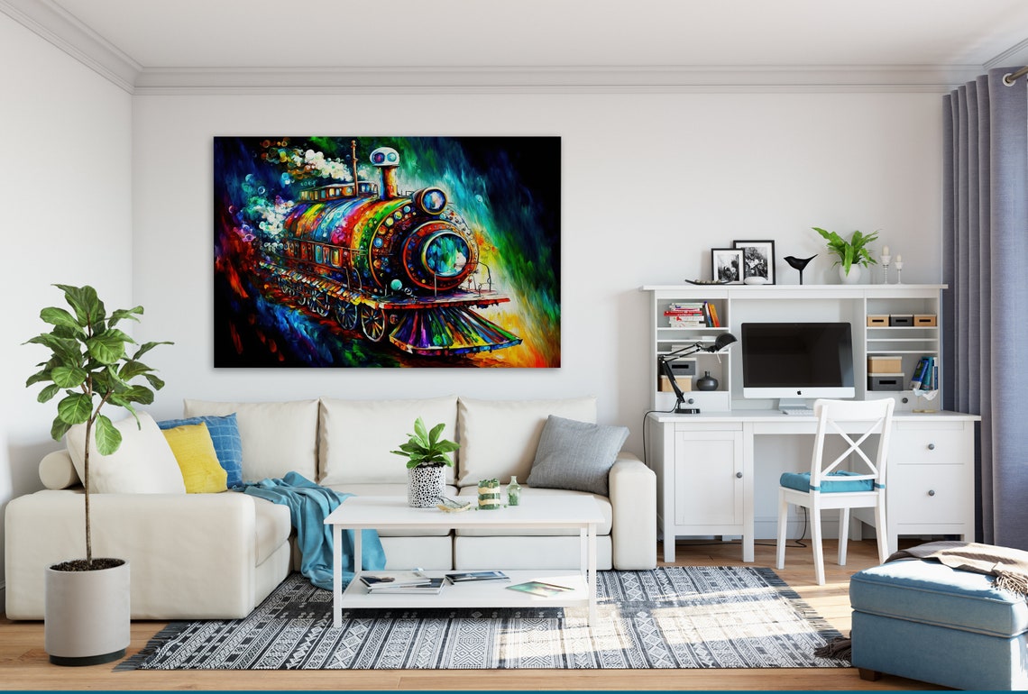 Colorful Steampunk Locomotive Train Rainbow Steam Engine Art Poster - Image 2