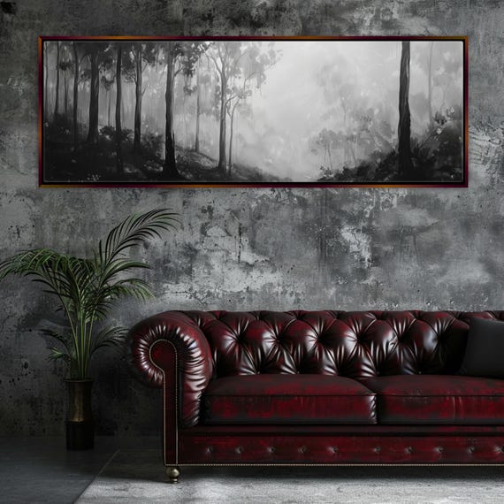 Foggy Forest Panorama, Black and White Art Print
