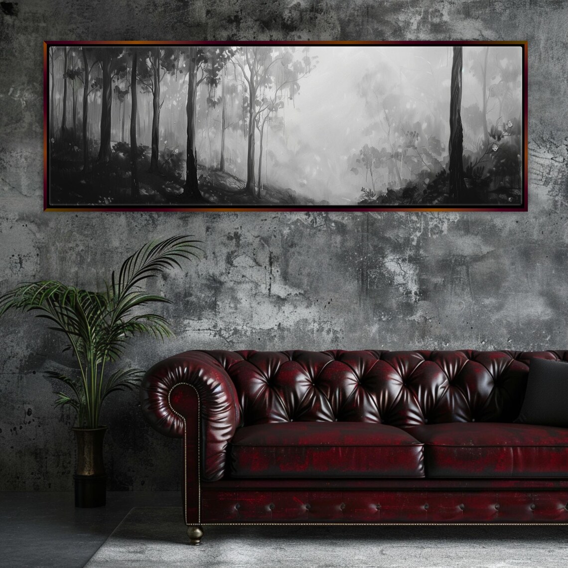 Foggy Forest Panorama, Black and White Art Print
