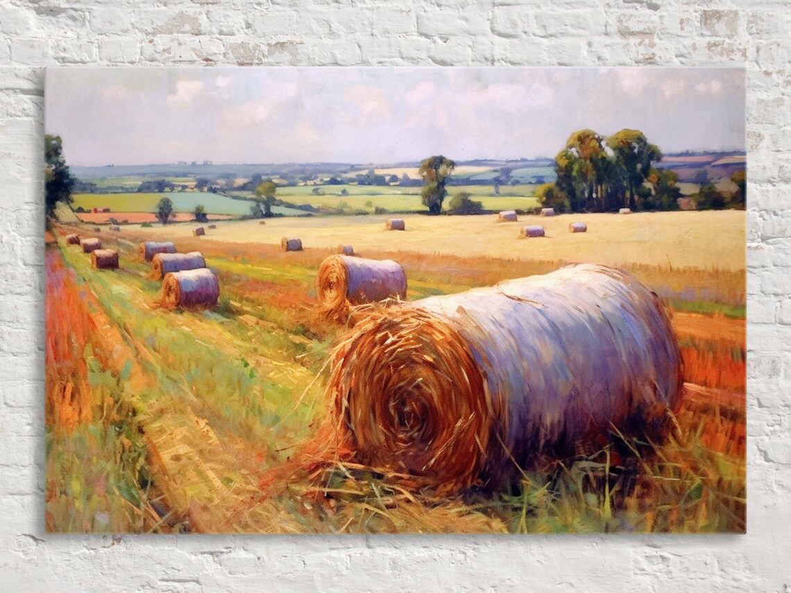Rural Charm Hay Bales Art Print, Rustic Landscape