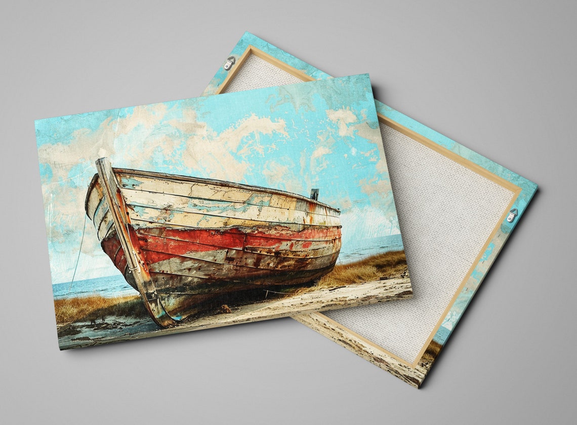 Vintage Red White Weathered Wooden Boat Beached Shore Nautical Poster - Image 4