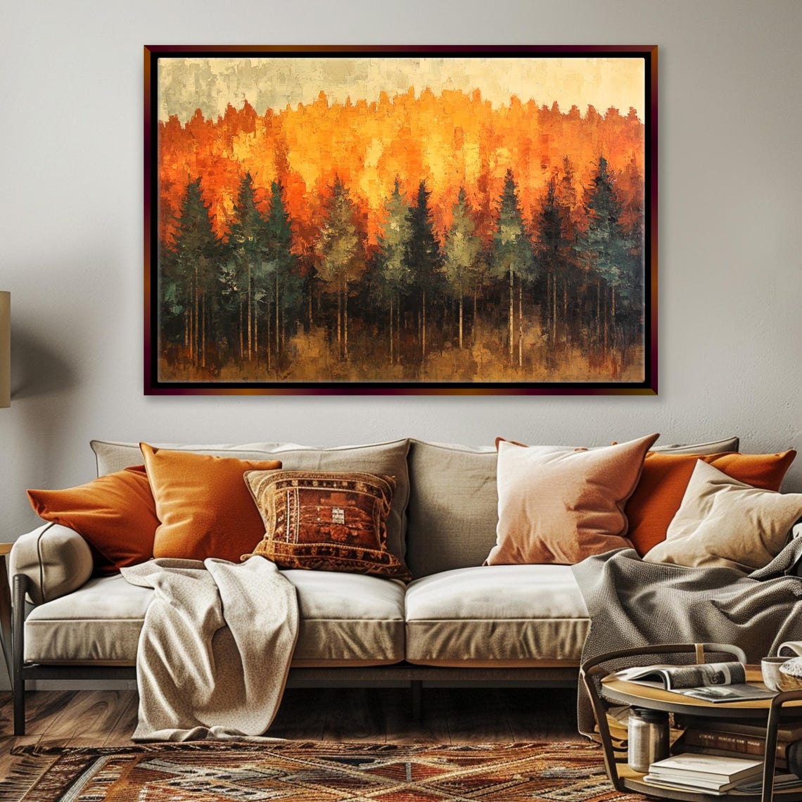 Autumn Forest Landscape Orange Red Treetops Dark Pines Fall Art Poster