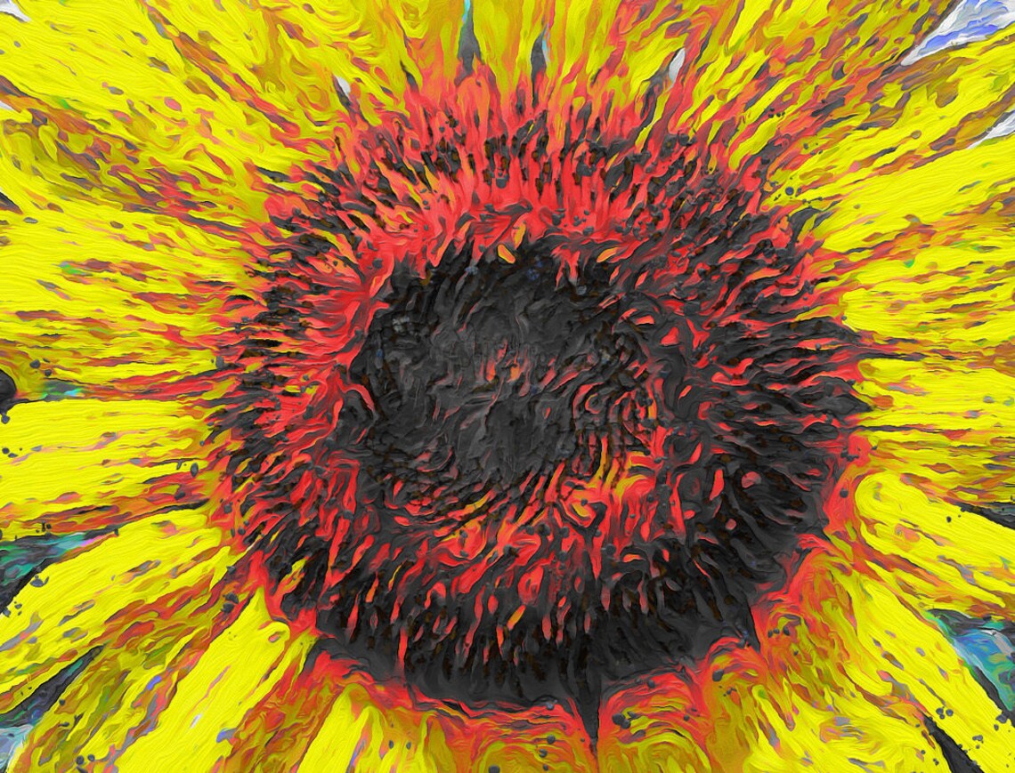 Sunflower Field Bloom Close Up Yellow Petals Impressionist Art Poster - Image 3