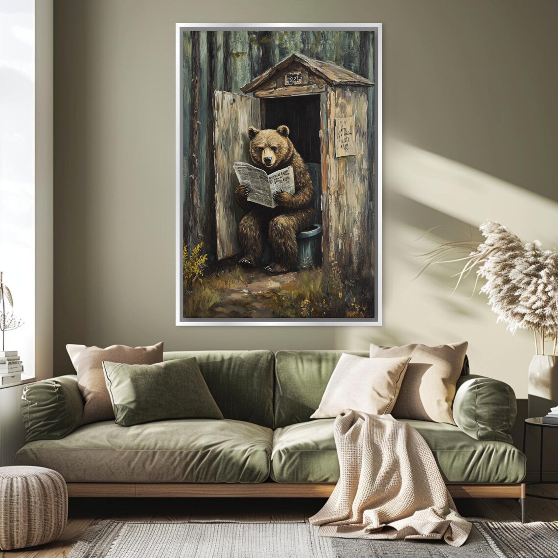 Funny Bear Reading Newspaper In Rustic Outhouse Bathroom Humor Wall Art Poster