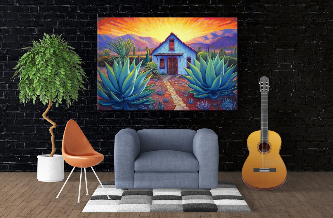 Desert Serenity in Blue, Adobe and Agave Art Print - Image 3