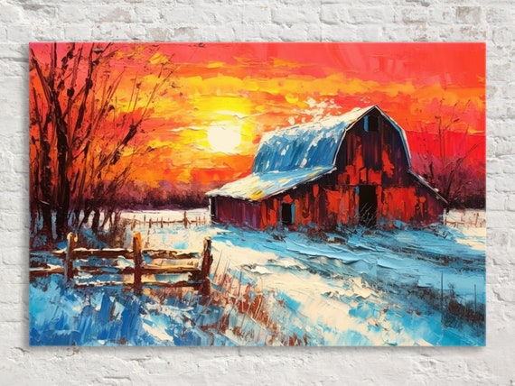 Wintery Farm Scene Rural Landscape Vintage Barn Countryside Painting Print On Gallery Wrapped Available In Extra Large Sizes