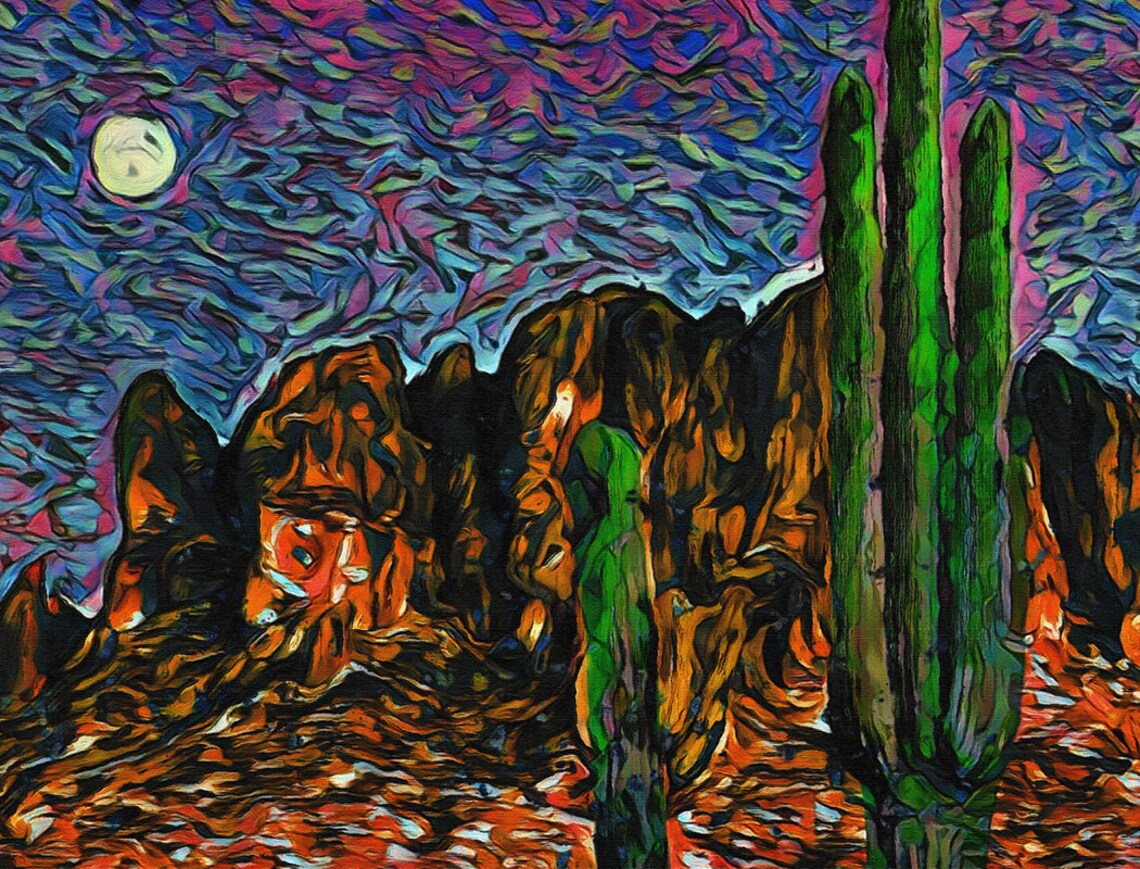 Arizona Desert Moonlit Saguaro Cactus Red Rock Mountains Art Poster - Image 2