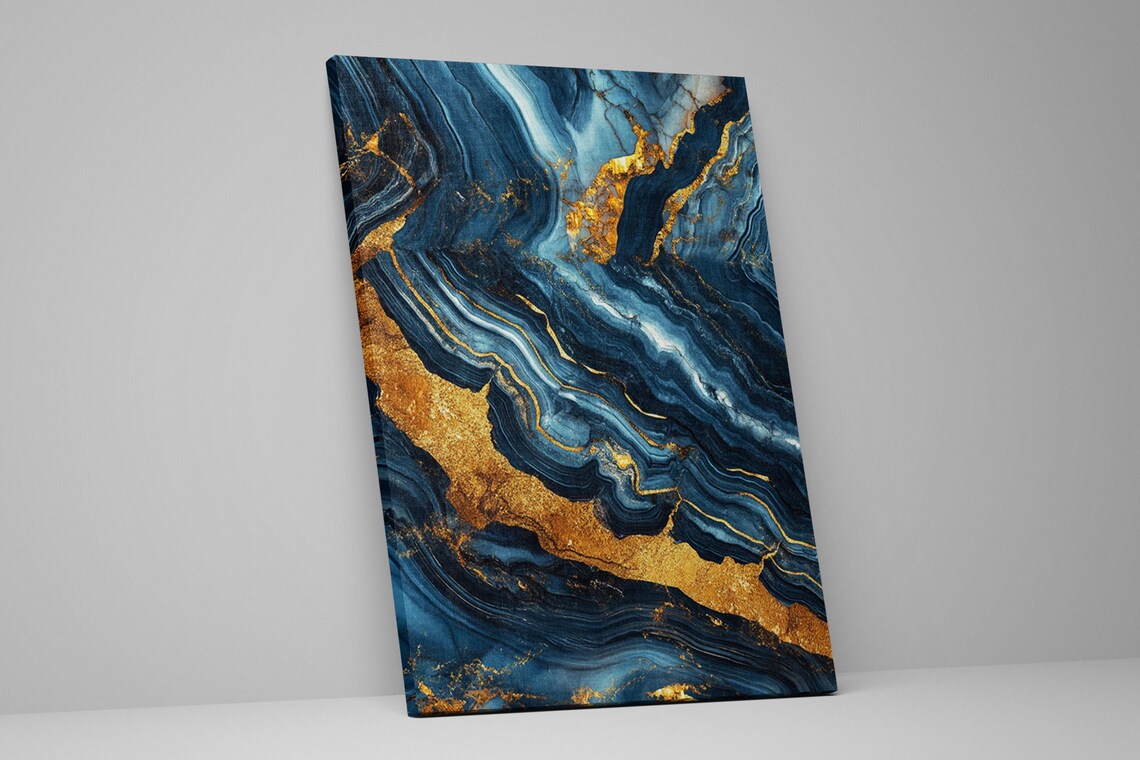 Modern Blue And Gold Marble Abstract Wall Art Print - Image 2