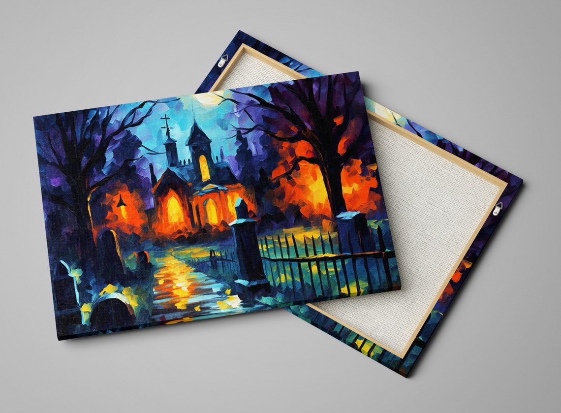 Haunted Chapel Full Moon Spooky Graveyard Night Oil Painting Art Print - Image 4