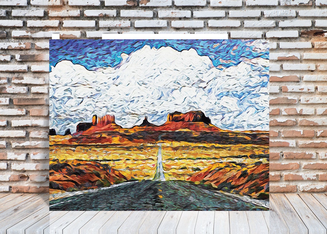 Desert Road Monument Valley Red Buttes Blue Sky Impressionist Poster - Image 3